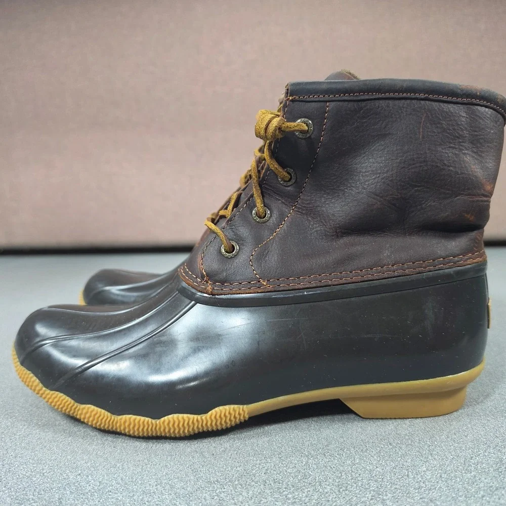 Sperry Saltwater Duck Boots Womens Brown Leather Rubber Ankle Good Side Zip